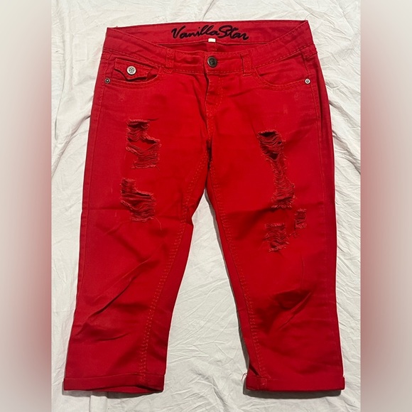 Vanilla Star Women's Red Distressed Cropped Jeans Size 7 - Picture 1 of 16